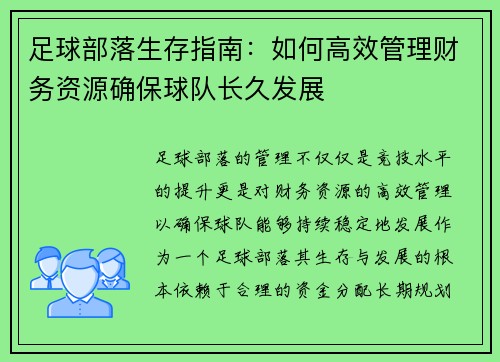 足球部落生存指南：如何高效管理财务资源确保球队长久发展